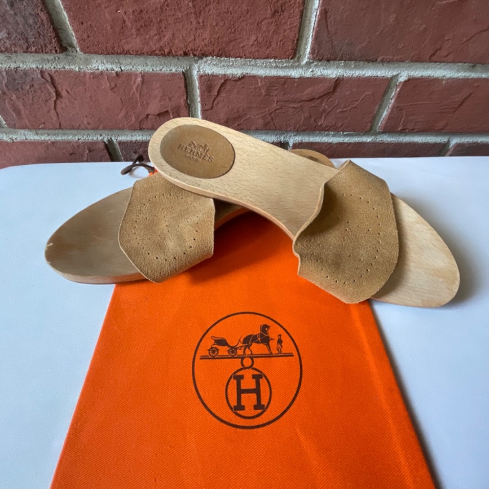 Hermes Tan Leather Slide Sandals with Wood Sole - Picture 10 of 16
